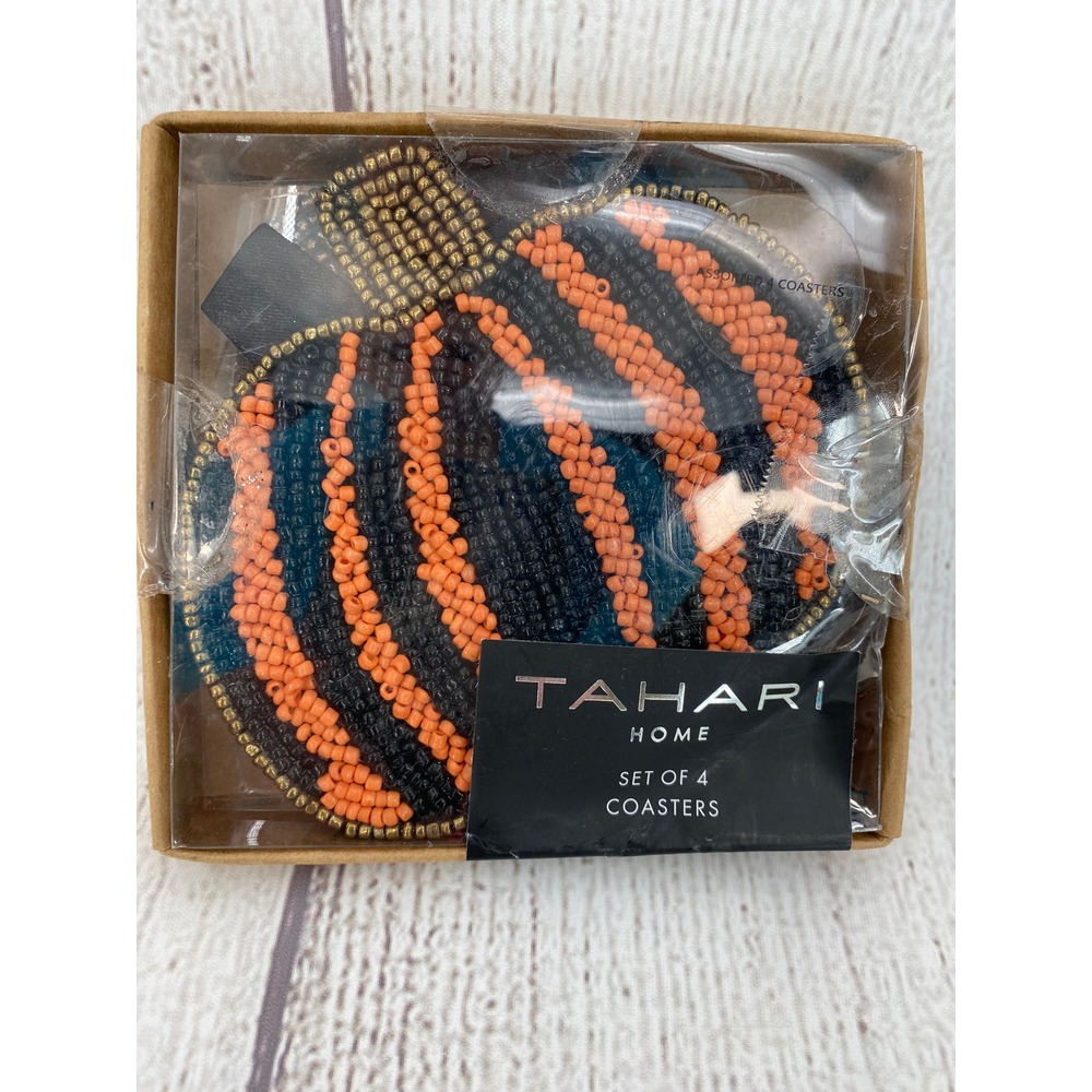 Tahari Home Pumpkin Coasters (Set of 4) Orange Black Beaded Striped Halloween